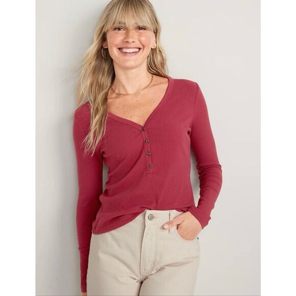 Wild Fable Red Ribbed Long Sleeve Henley Top Size XS New - Picture 1 of 4